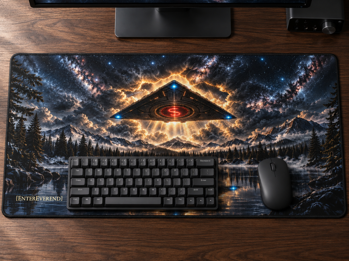 Illustrative Starship desk mat on a walnut desk with a keyboard and mouse; accessories not included.
