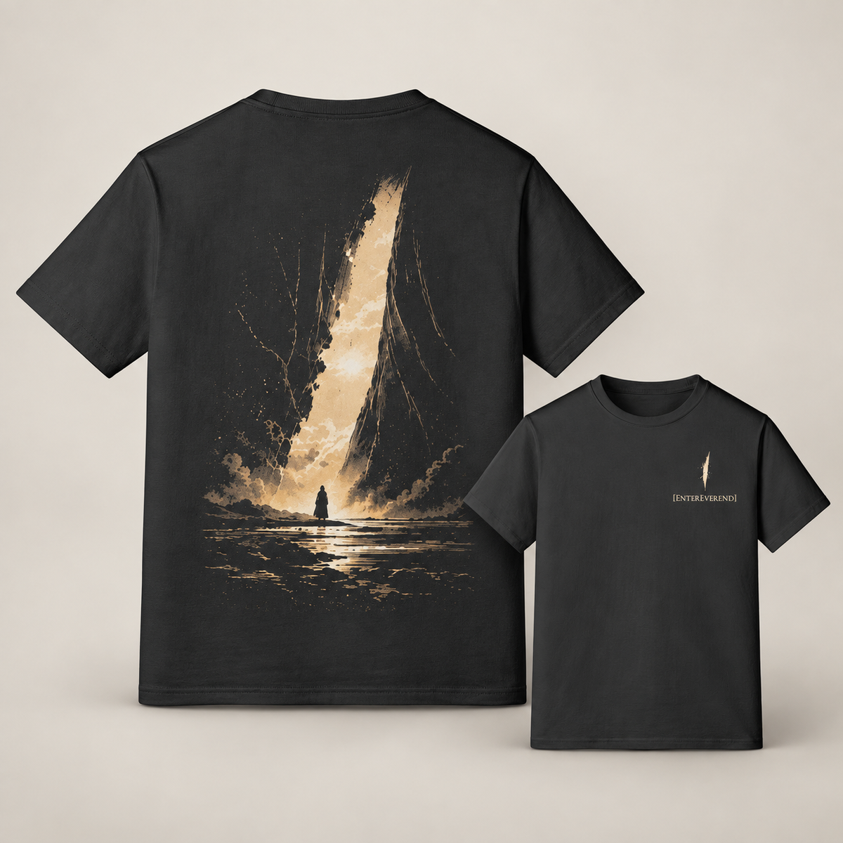 Studio mockup of The Open Gate Tee: a large back view beside a smaller front view of the same Black T-shirt.