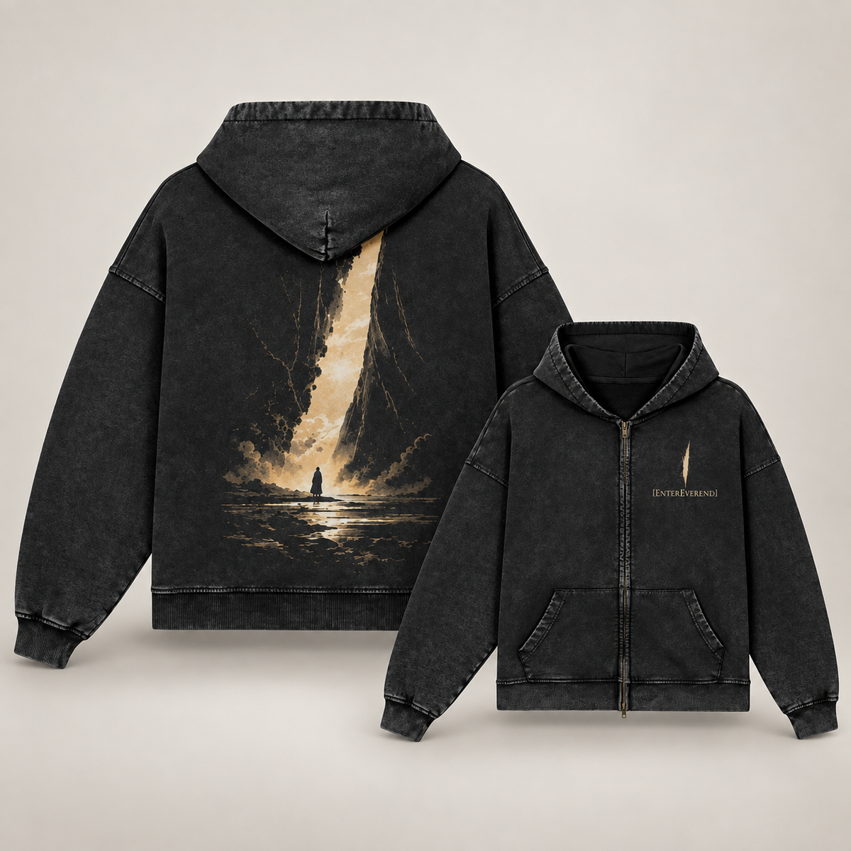 Studio mockup of The Open Gate Zip Hoodie: a large back view beside a smaller front view of the same Faded Black full-zip hoodie.