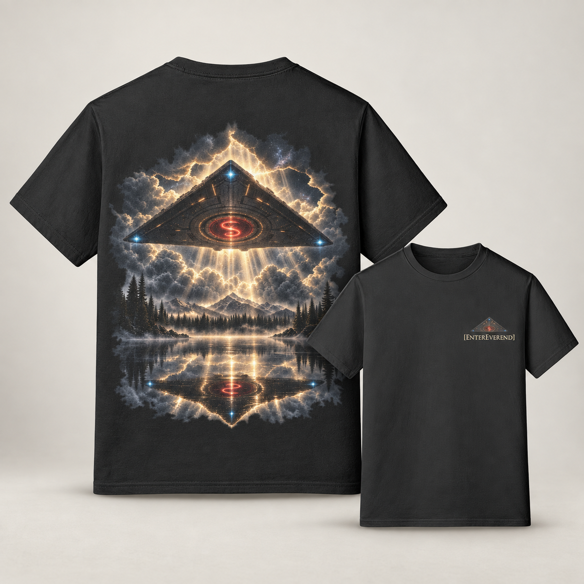 Studio mockup of The Starship Tee: a large back view beside a smaller front view of the same Black T-shirt.