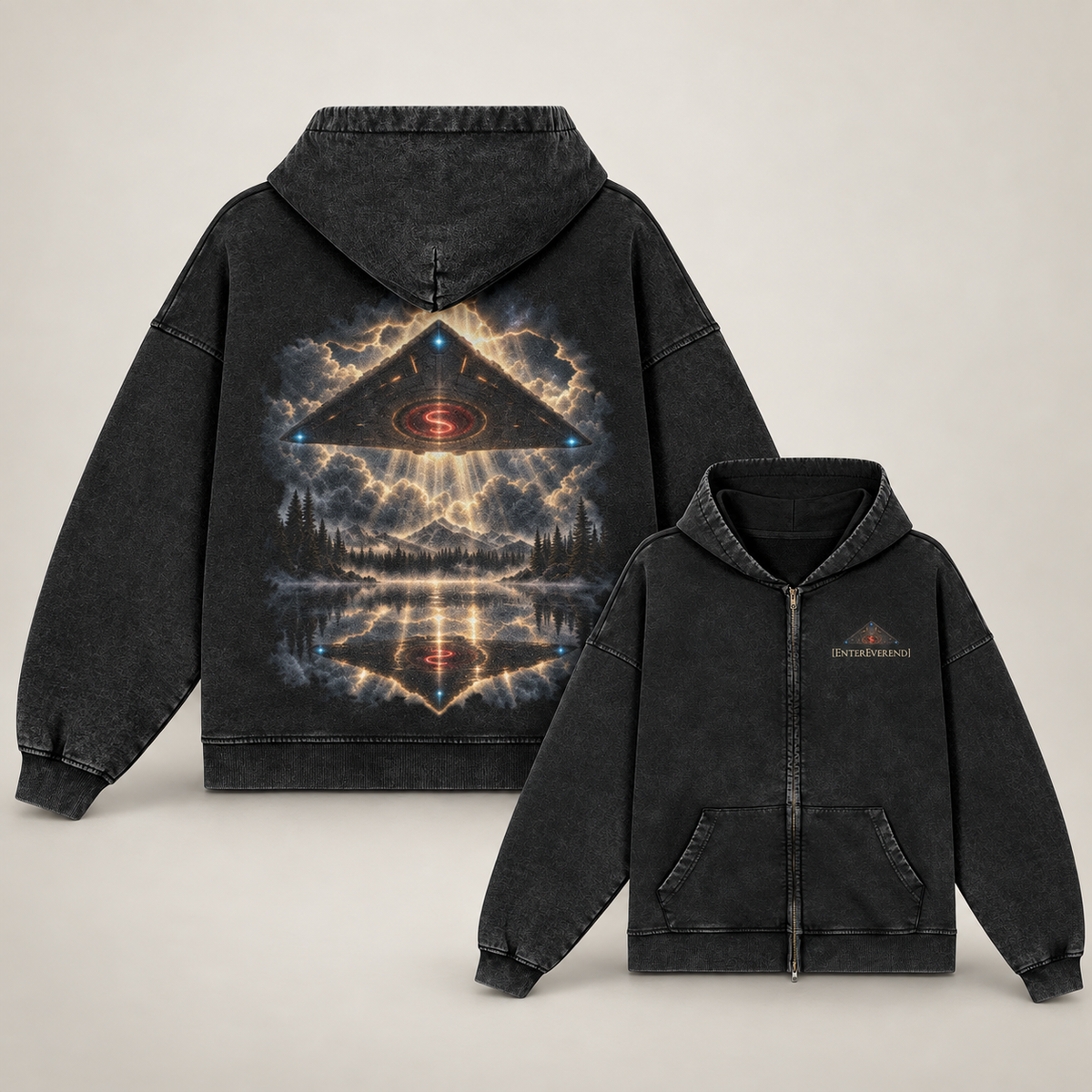 Studio mockup of The Starship Zip Hoodie: a large back view beside a smaller front view of the same Faded Black full-zip hoodie.
