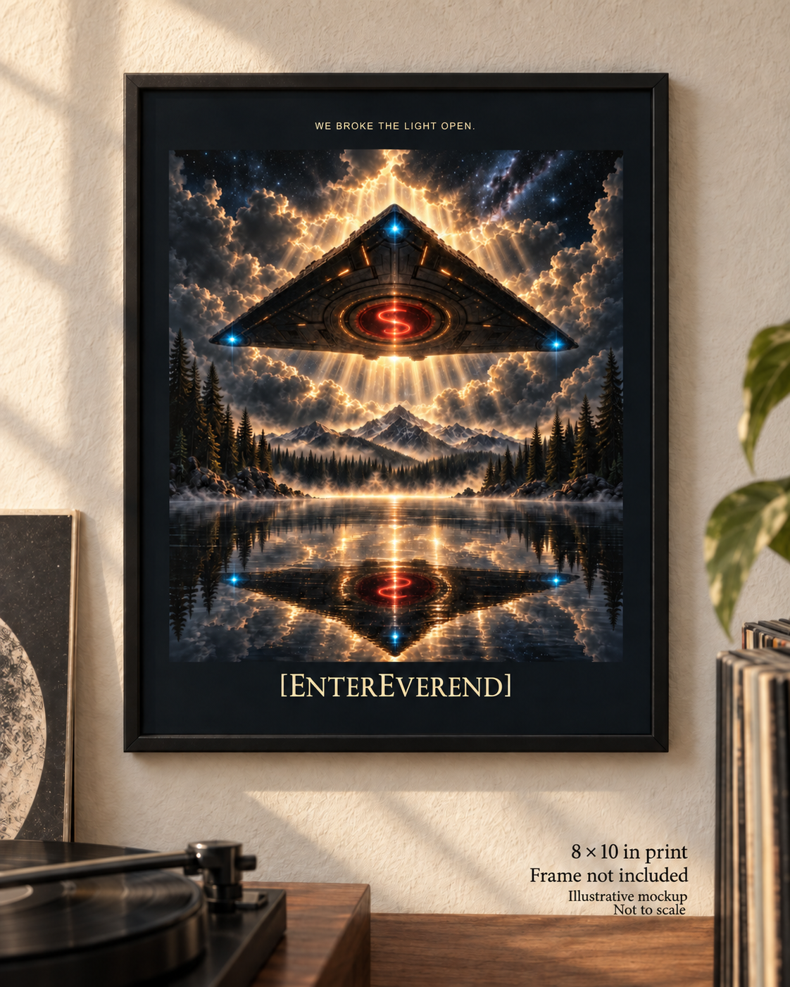 Illustrative room mockup of the EnterEverend art print. Print is 8 by 10 inches; frame not included; mockup not to scale.