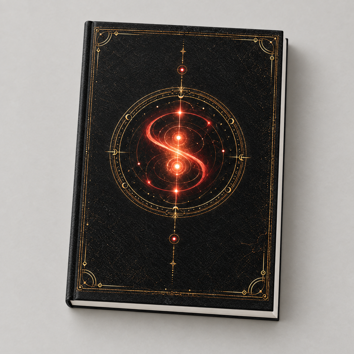 Digital mockup of the Blackbook Signature hardcover journal, showing its wordless black cover with gold orbital artwork and ember-red paired lights.