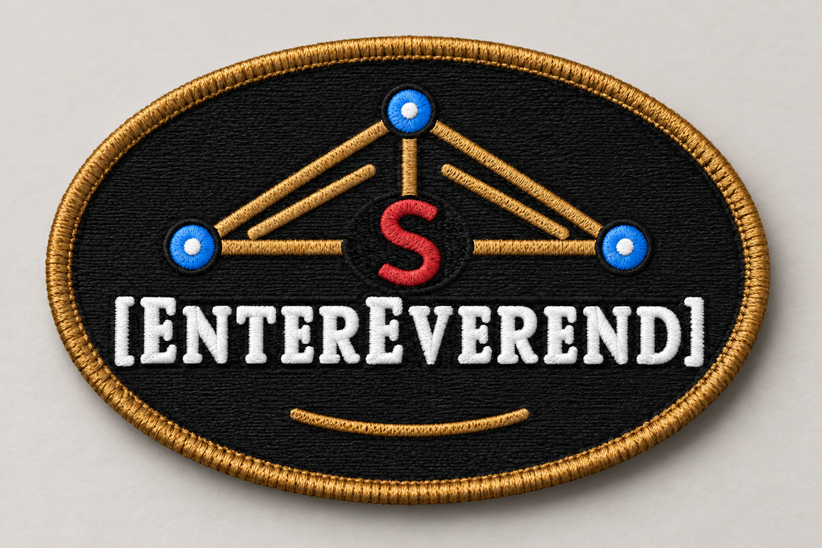 Illustrative mockup of the black oval EnterEverend Starship crew patch with Old Gold border. Final embroidery may vary.