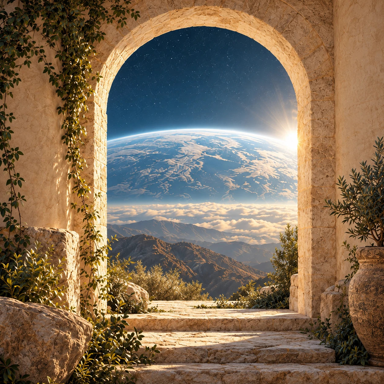 A sunlit stone arch opening onto an expansive horizon